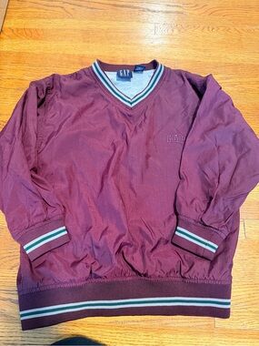 Vintage GAP Burgundy V-Neck Pullover with Green and Gray Striped Trim
